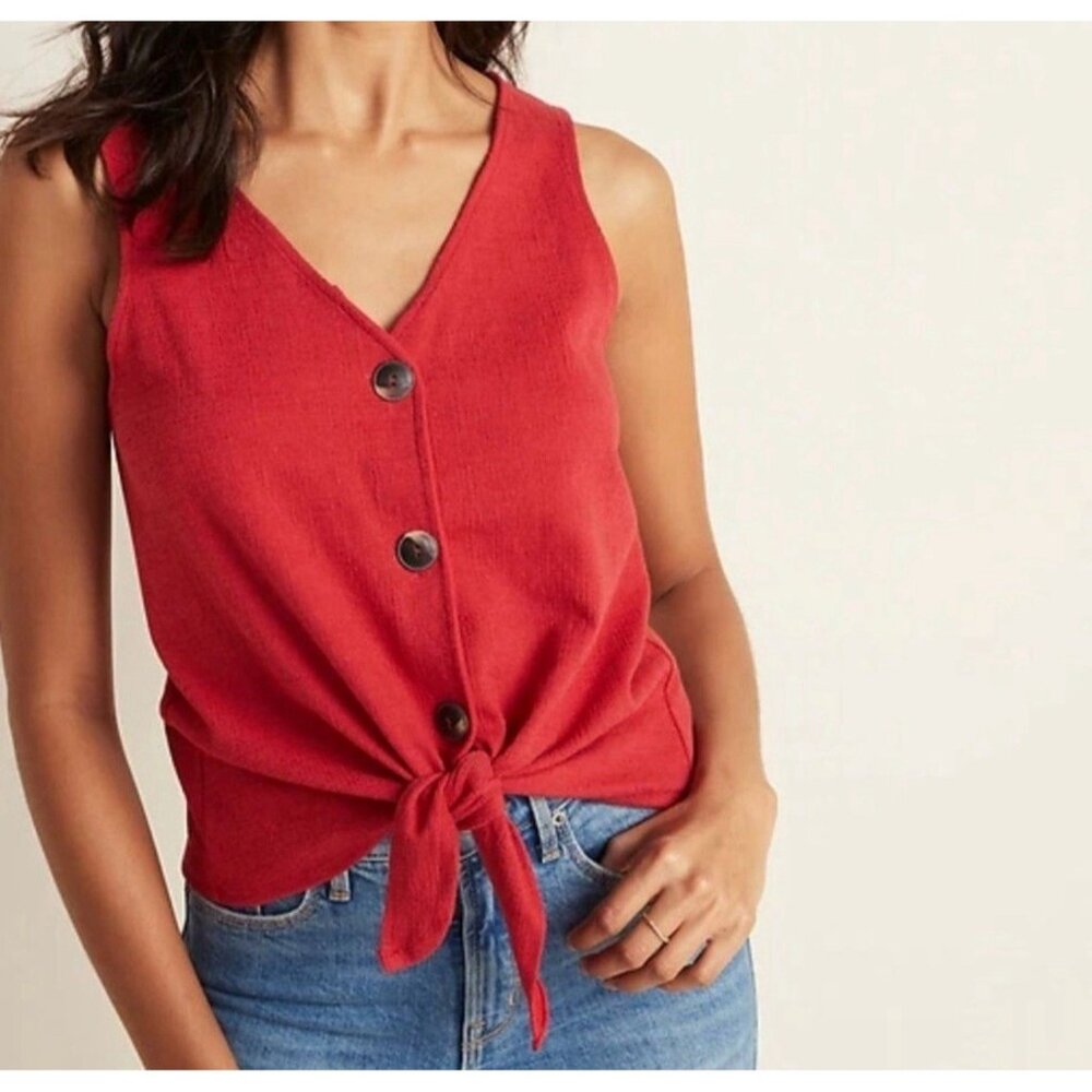 Old Navy Top Womens Small Button Tie Red Sleeveless Knit Cropped Vneck Blouse